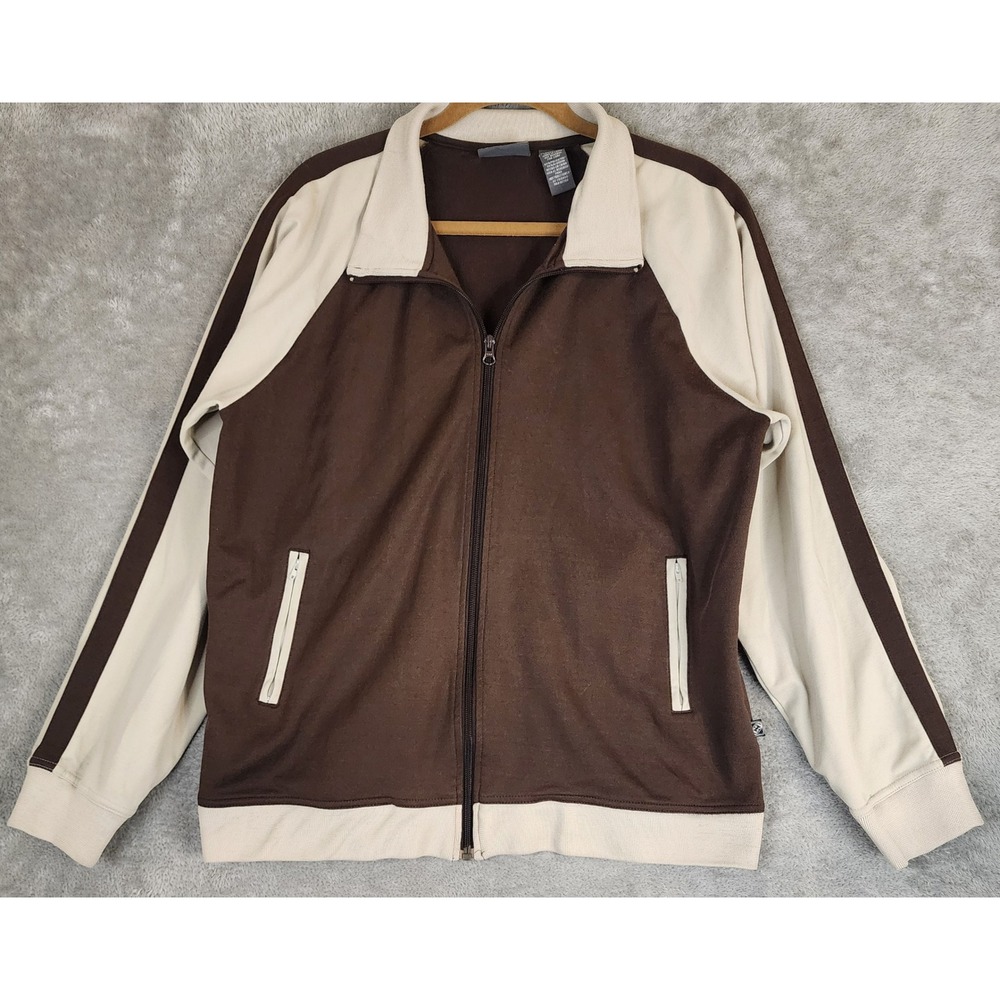 Counter Culture Track Jacket Mens XL Brown Cream Zip Up Racing Stripe Vintage